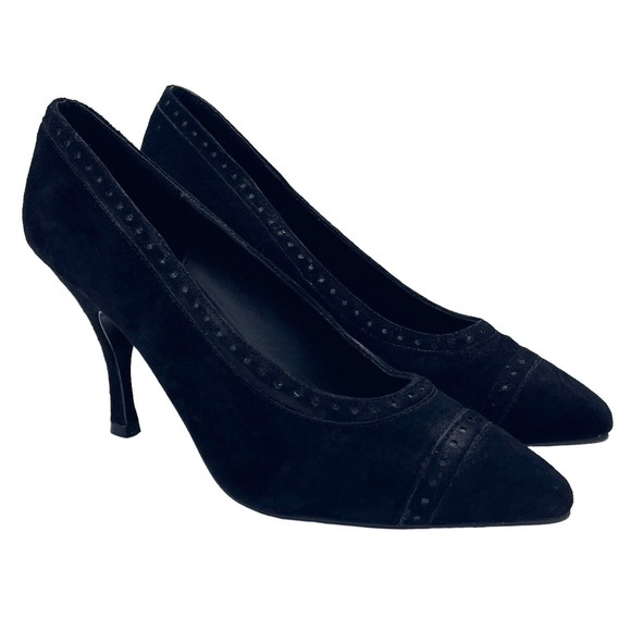 The Wild Pair Vintage 80s 90s Retro Black Suede Pointed Cap Toe Heels Pumps 8.5 - Picture 1 of 15